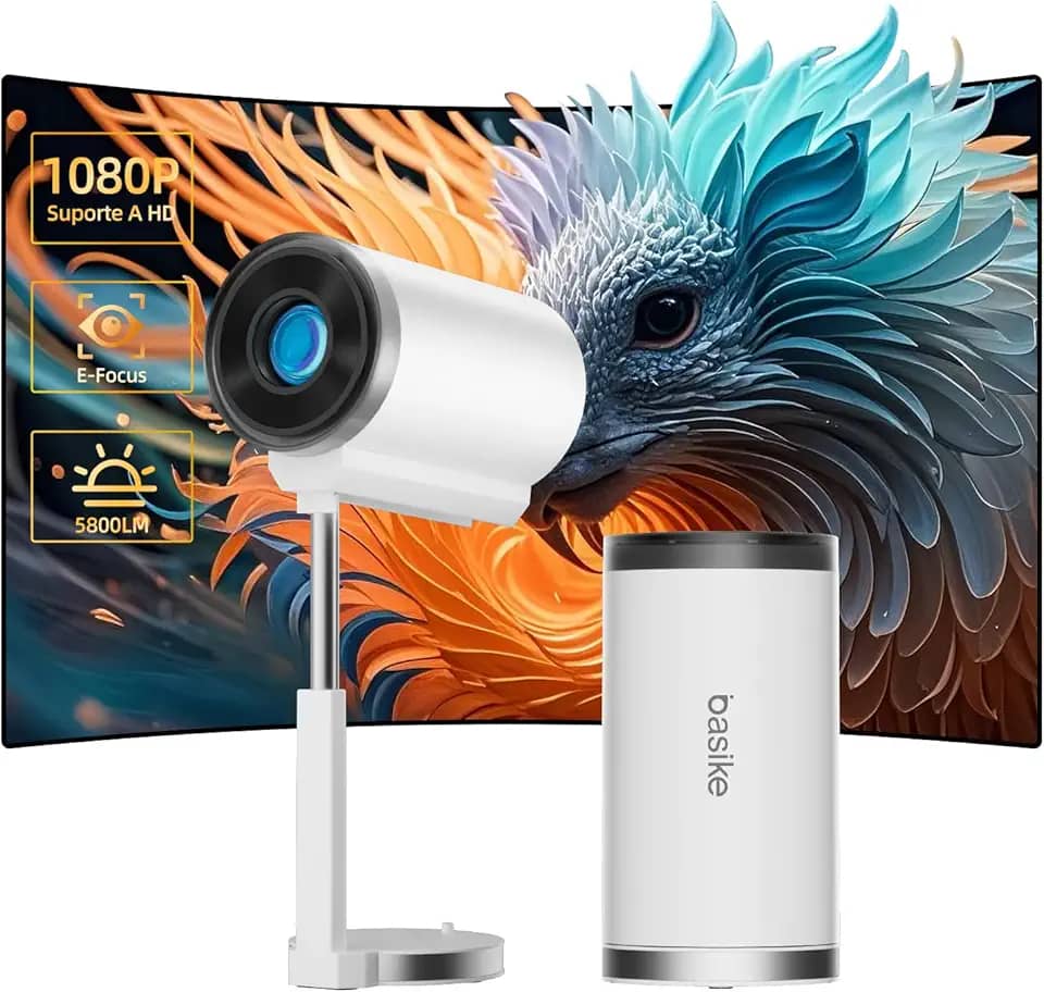 Mini Projetor Portatil 1080P 4K Full HD, 5G Wifi 5 BT 5.0 Android 13, LED Projector Auto de Correcção Trapezóide Horizontal, 90°Girável Projector para Telefónico Branco