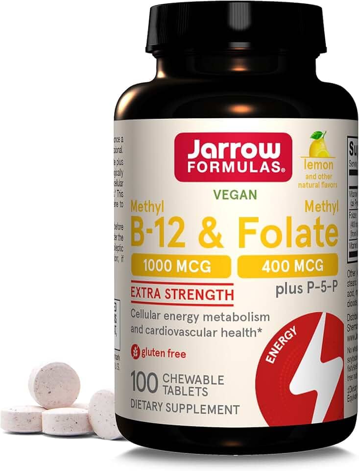 Jarrow Formulas Metil B12 e Folato de Metil - 100 Comprimidos mastigáveis, Limão - Vitamina B12 e B9 Bioativa - Auxilia na produção de energia, Função Cerebral e Metabolismo - Sem Glúten - 100 Porções