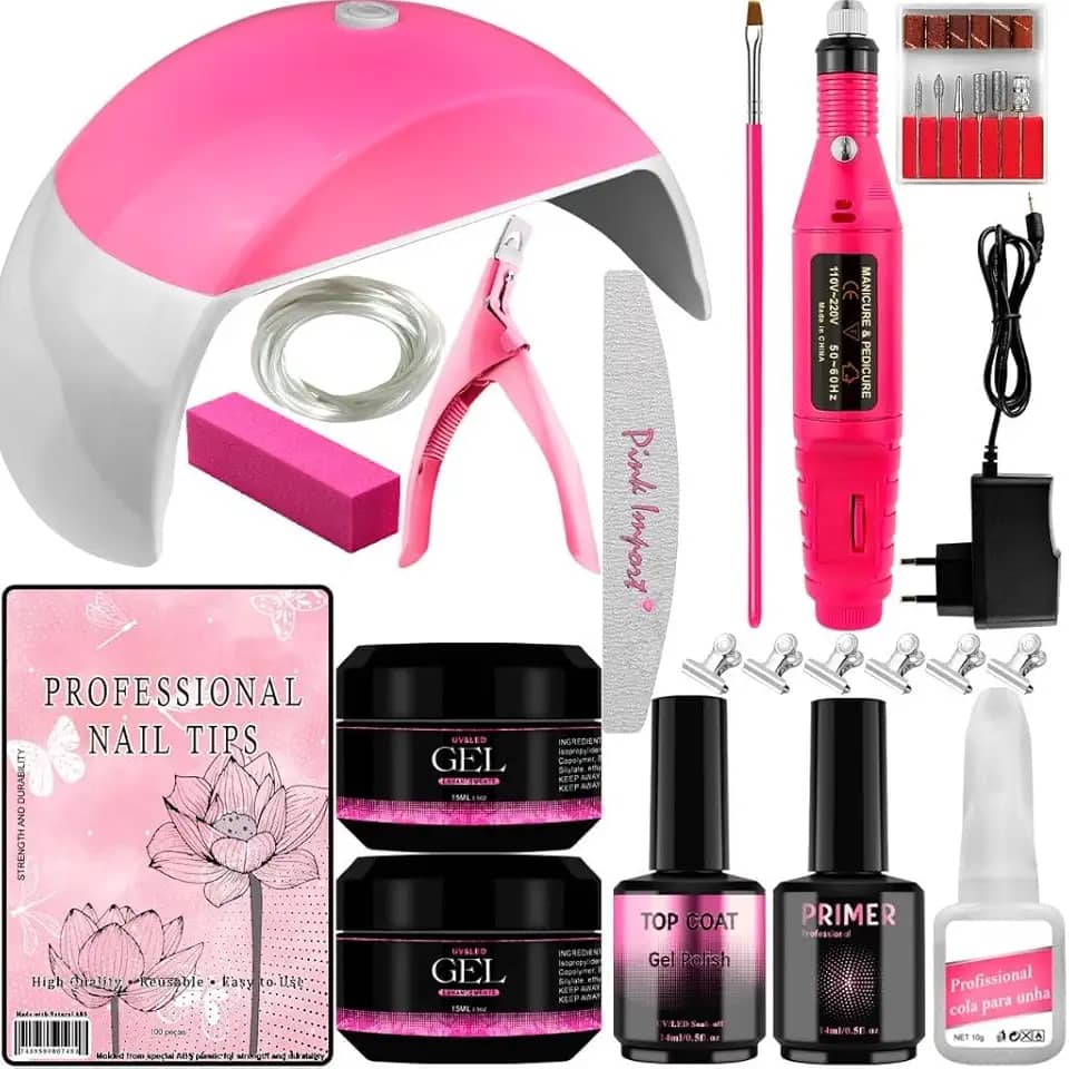 Kit Unha Gel Acrigel Fibra Para Iniciantes Completo Cabine estufa de Unhas e lixadeira elétrica Manicure Profissional