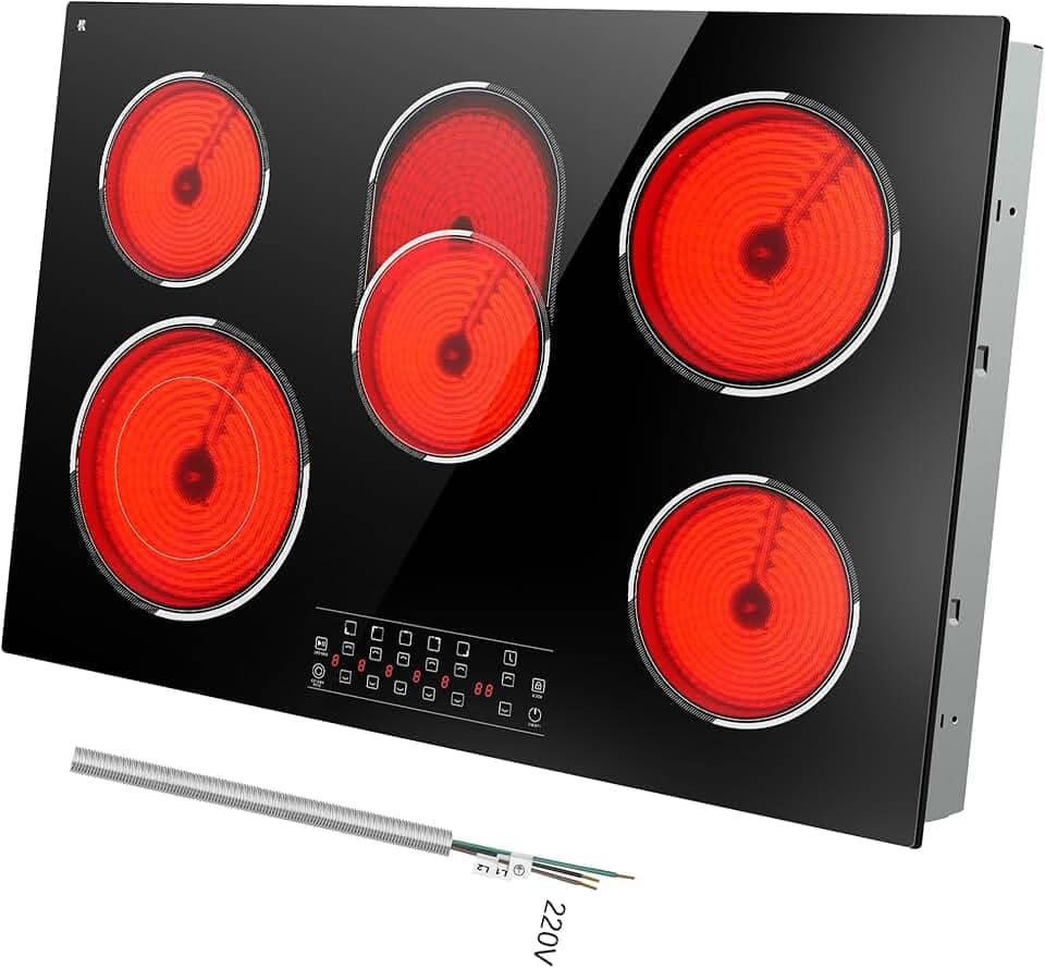 Traenvir Cooktop Elétrico De 30 Polegadas, 5 Bocas, Fogão Elétrico Embutido De 8400 W, Cooktop De Cerâmica De 30 Polegadas Com Zona Expandida, Controle Por Toque, Temporizador, Controle De Pausa, Tr
