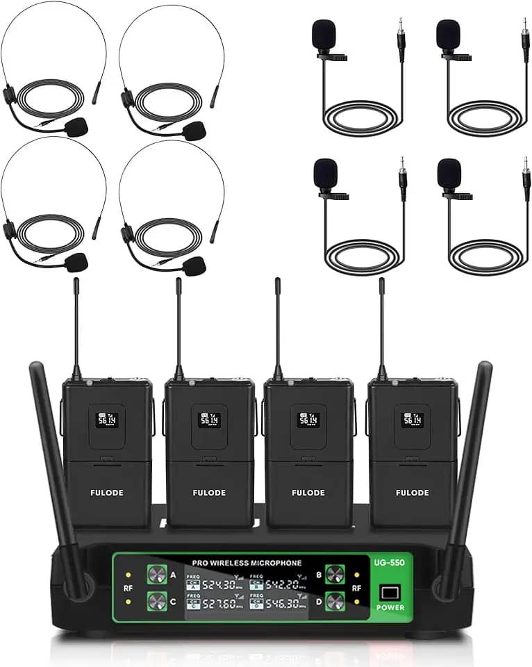 Microfone de lapela sem fio UG-550, sistema de microfone sem fio UHF profissional de 4 canais com 4 microfones de lapela e 4 fones de ouvido para cantar, reunião, igreja, evento, TV,