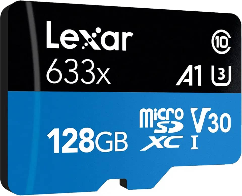 128GB– Class 10, A1, UHS-I (U3), V30, 633x (up to 100MB/s read, up to 45MB/s write)