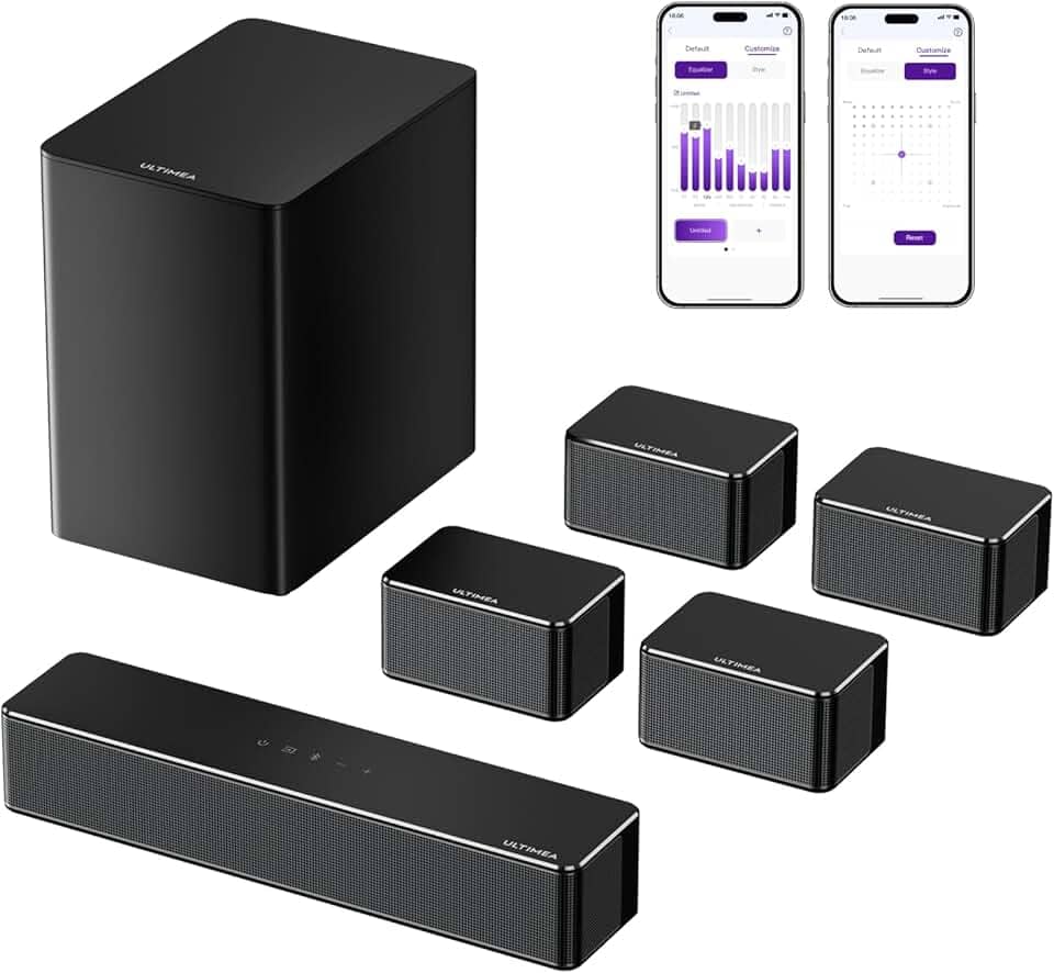 ULTIMEA Barras de som 7.1 para Smart TV, 4 alto-falantes surround com fio, sistema de som surround virtual, potência máxima de 410 W, controle de aplicativo, barra de som de TV com subwoofer sem fio