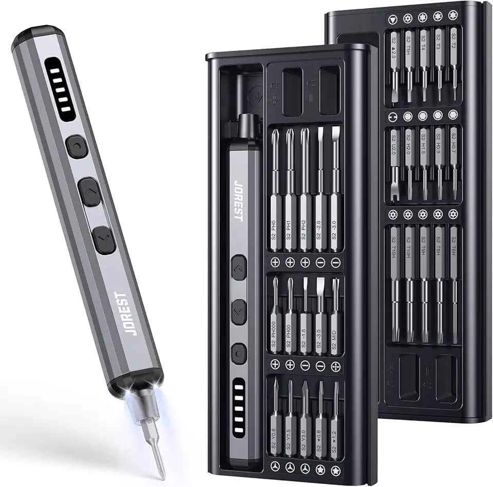 JOREST Mini chave de fenda elétrica, conjunto de precisão com brocas magnéticas 38 em 1, 5 configurações de torque, luz LED, kit de ferramentas de reparo para iPhones, laptop, drone, console de jogos