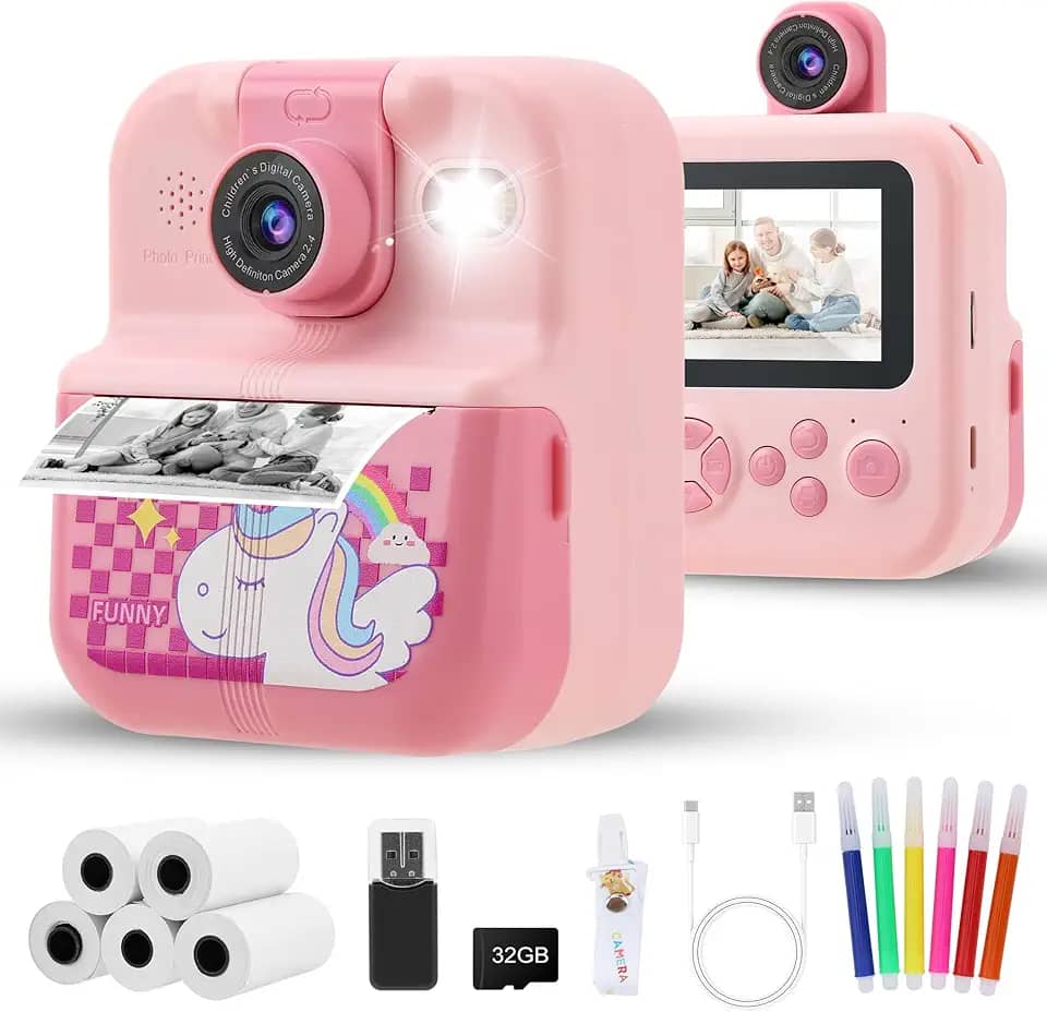 Câmera Infantil, Impressora Instantânea de Sem Tinta, Lente Pode Ser Virada, Selfie, com Flash, 32GB Cartão, Vídeo HD, Brinquedos Meninas Meninos com Crianças de 3 a 14 Anos (Rosa）