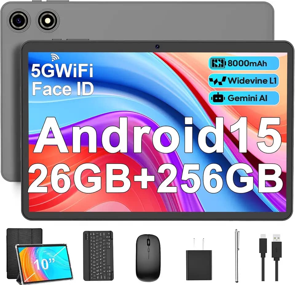 Tablet Android 15 com teclado - 26 GB de RAM + 256 GB de ROM, expansão de 2 TB, tablets 2 em 1 de 10 polegadas com Wi-Fi 5G/2,4G, 8000mAh, BT5.0, 5MP + 13MP, tela dividida, Widevine L1, mouse, capa