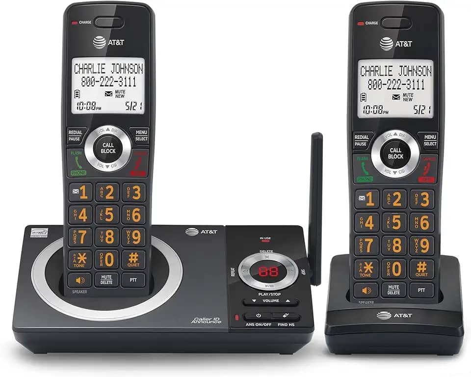 AT&T CL82219 DECT 6.0 Telefone sem fio para casa com secretária eletrônica, bloqueio de chamadas, locutor de identificação de chamadas, interfone e longo alcance, preto