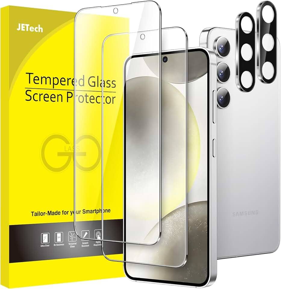 JETech Película de Vidro Temperado para Samsung Galaxy S24 com Protetor Lente Câmera, Protetor de Tela, Compatível com ID de Impressão Digital, HD Transparente, 2 Pacotes Cada