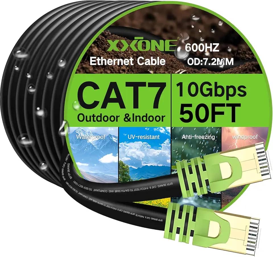 Cabo Ethernet Cat 7 para uso externo de 60 metros, cabo de rede Cat7 resistente 26 AWG, cabo de rede RJ45, velocidade de transmissão 10 Gbps, largura de banda 600 Mhz, cabo de fio LAN SFTP, à prova d'água, enterramento direto (200FT)