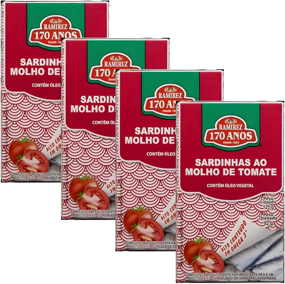 Sardinhas em Lata Ramirez em Molho de Tomate - Tampa Abre Fácil - Superalimento -125g - Produto de Portugal - 4 Un. Rico em Ômega 3 - Licopeno - Café da Manhã - Almoço - Lanche - Jantar - Fonte de Proteína