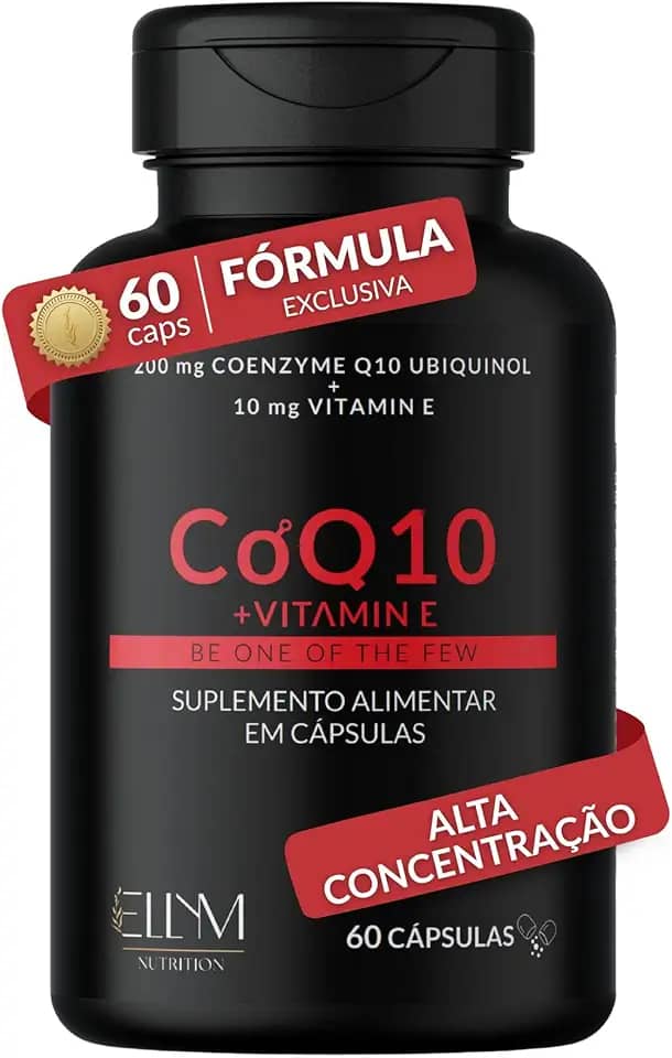 Coenzima Q10 200mg Ubiquinol com Vitamina E 10mg ELLYM NUTRITION Alta Concentração 60 Capsulas