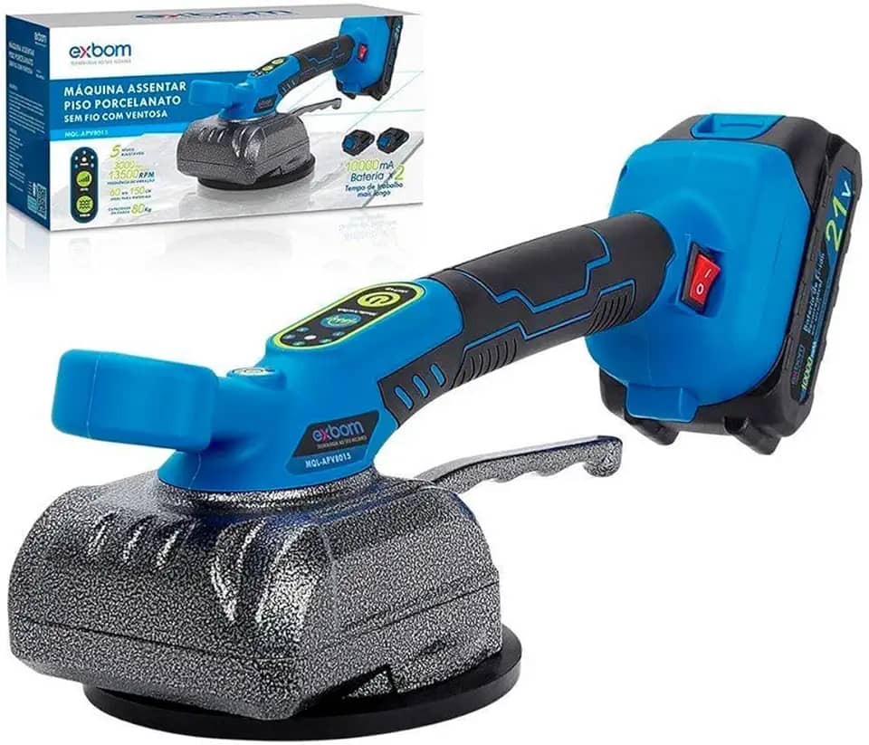 Máquina de Assentar Pisos 21V com Ventosa de Alta Sucção 5 Níveis de Vibração Ajustável Bateria 10000mAh Ideal para Pisos e Azulejos com 1,5h de Autonomia Potência 600W Com 2 Baterias