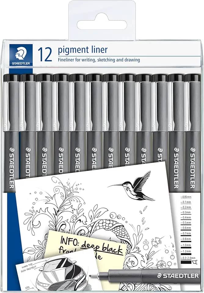 STAEDTLER Caneta Nankin Pigment Liner 12 Unidades Preto - 308-9 TB12 - Pontas Variadas: 0.05, 0.1, 0.2, 0.3, 0.4, 0.5, 0.6, 0.7, 0.8, 1.0, 1.2 e 0.3-2.0mm - Fineliner Permanente com Tinta Pigmentada