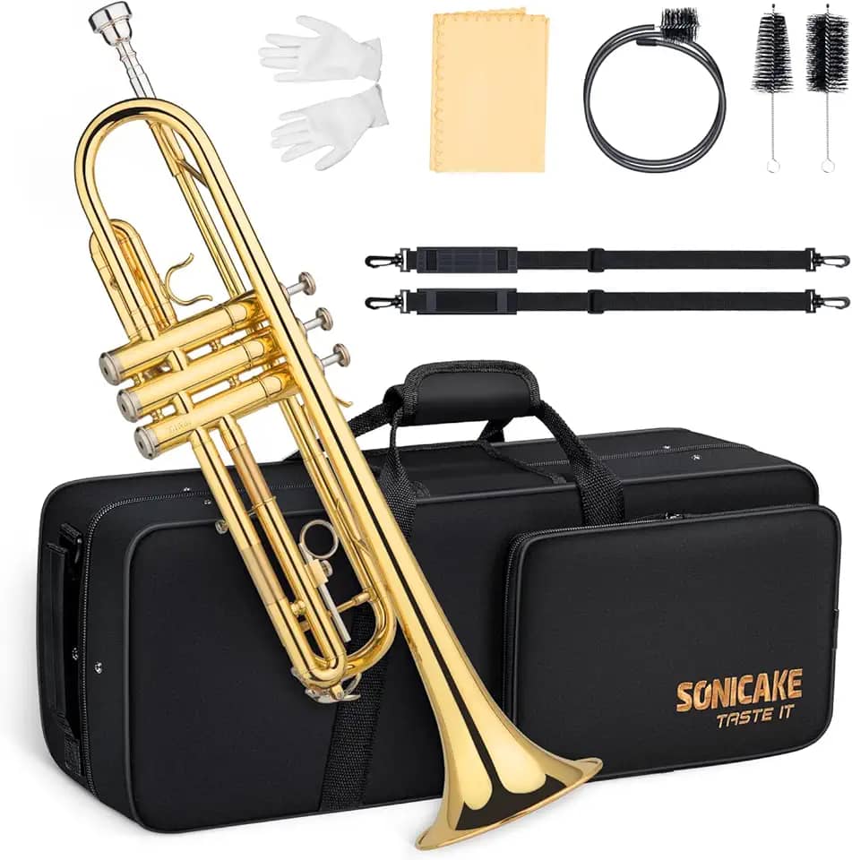 SONICAKE Conjunto de trompete padrão Bb, trompete de estudante para iniciantes, instrumento de trompete de latão com estojo rígido, kit de limpeza, bocal e luvas 7C, presente ideal para orquestra de