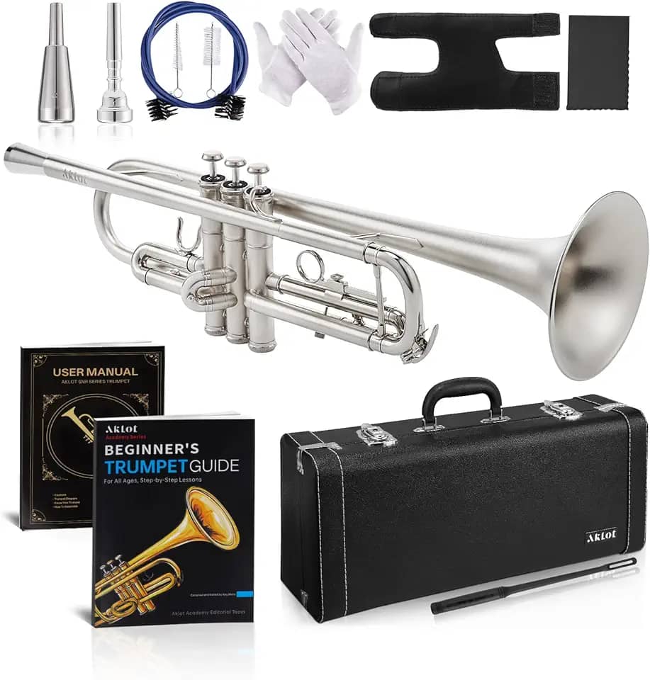 AKLOT Trompete Bb Ponderado Leadpite: Pistões de níquel galvanizado, prata fosca escovada, protetor de dedo de couro, bocais de trompete ponderados e padrão, estojo de couro elegante, livro de lições
