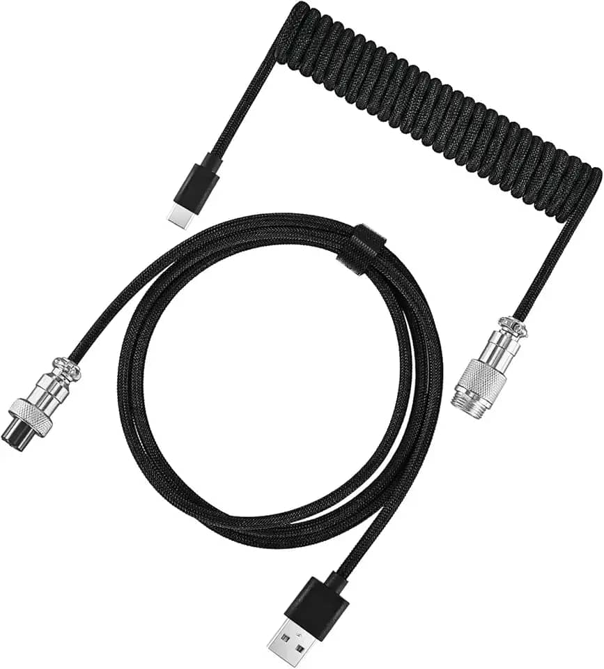Cabo Aviador Enrolado USB-C para Teclado Mecânico, 3 Metros, Design Trançado Premium, Conector de Aviação, Preto