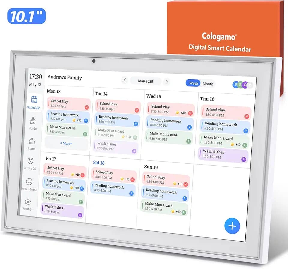 Agenda de parede de 25,7 cm, calendário digital e tabela de tarefas, tela sensível ao toque inteligente para horários de família e fotos na nuvem (branco, 10,1)