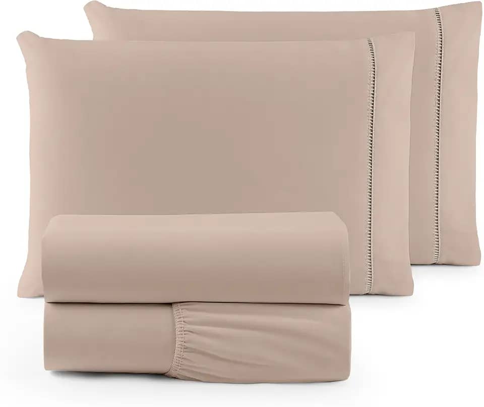 Jogo de Lençol SOLTEIRO 3 Peças 400 Fios Lençol de Cima Ponto Palito Toque de Pessego Lençol com Elastico e Com Fronha (CAQUI, SOLTEIRO 3 PEÇAS)