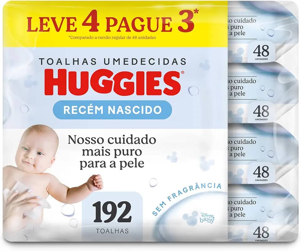 Lenços Umedecidos Huggies Puro e Natural Leve 4 Pague 3 - 192 unidades, Huggies, Amarela, pacote de 4