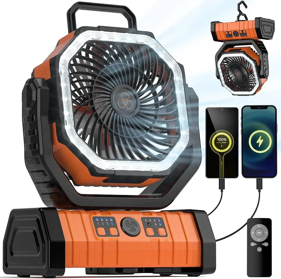 Ventilador de acampamento - Ventilador alimentado por bateria de 20000 mAh recarregável com lanterna LED - Ventiladores portáteis de barraca ao ar livre com gancho para pendurar, controle