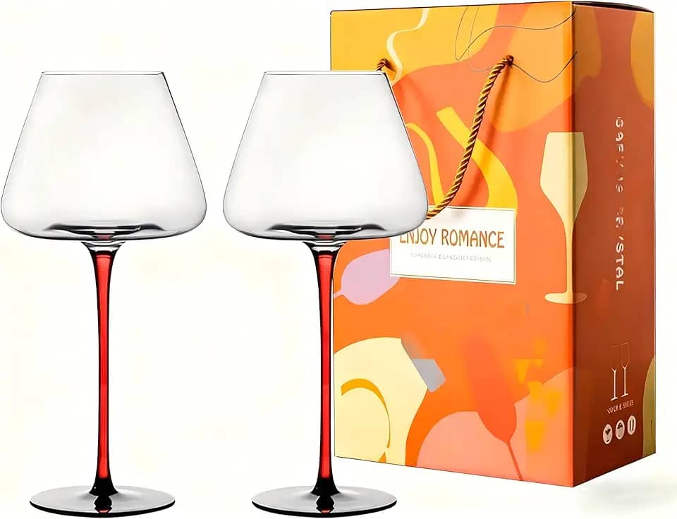 Taça de Vinho, 2Pcs, Jogo 2 Taças de Vinho Cristal 710ml, Vinho de Cristal Ecológico Taças, Taça de Vinho Cristal, Feito À Mão, Um Presente Luxo, Preto e Vermelho, Copo de Borgonha