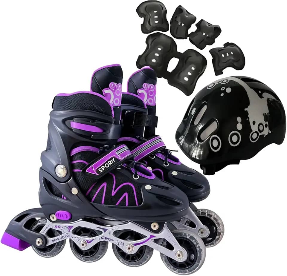 Patins Roller Inline 4 Rodas Skates Ajustavél com Roda Iluminada Jovens e Adultos, Para iniciantes, Uso Interno e Externo + Kit Completo com Capacete e Proteções