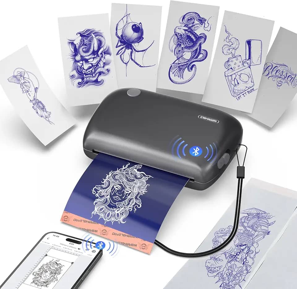 Wormhole Tattoo Impressora estêncil, mini impressora de tatuagem, máquina de estêncil térmica Bluetooth compatível com tablet, smartphone para iniciantes e artistas de tatuagem - cinza