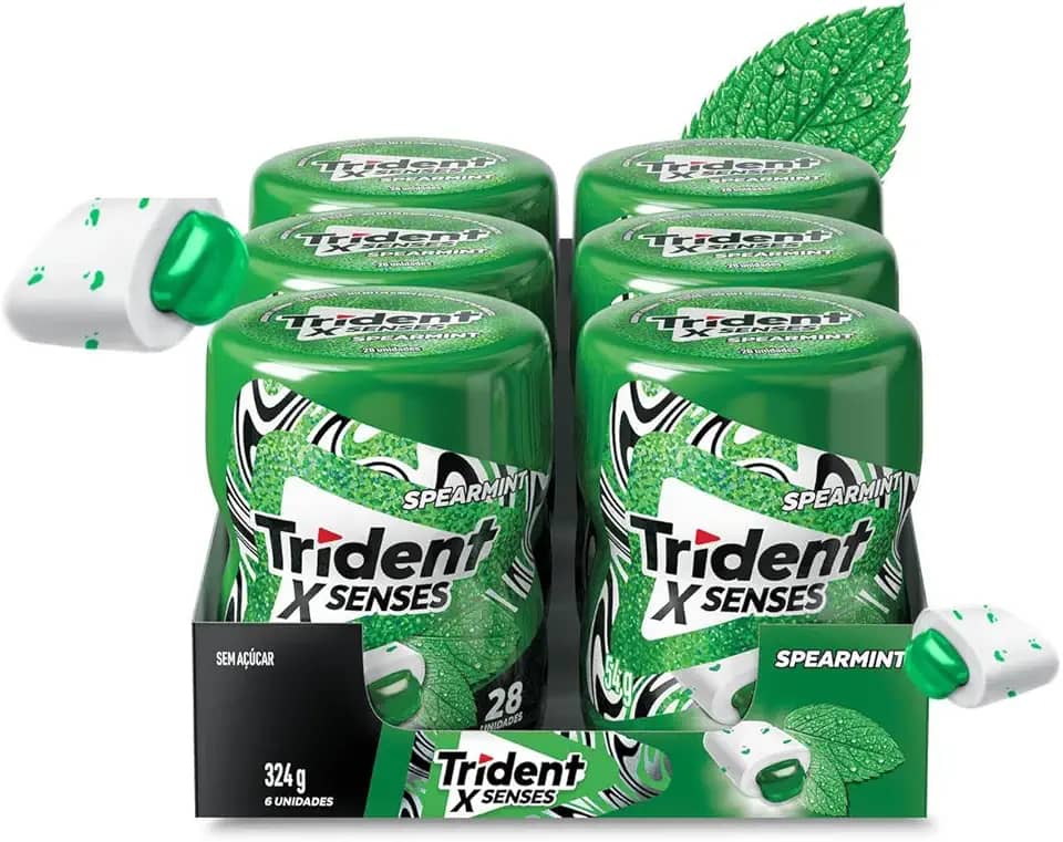 Chiclete Trident XSenses Spearmint Sem Açúcar Garrafa - Caixa com 6 unid. de 54g