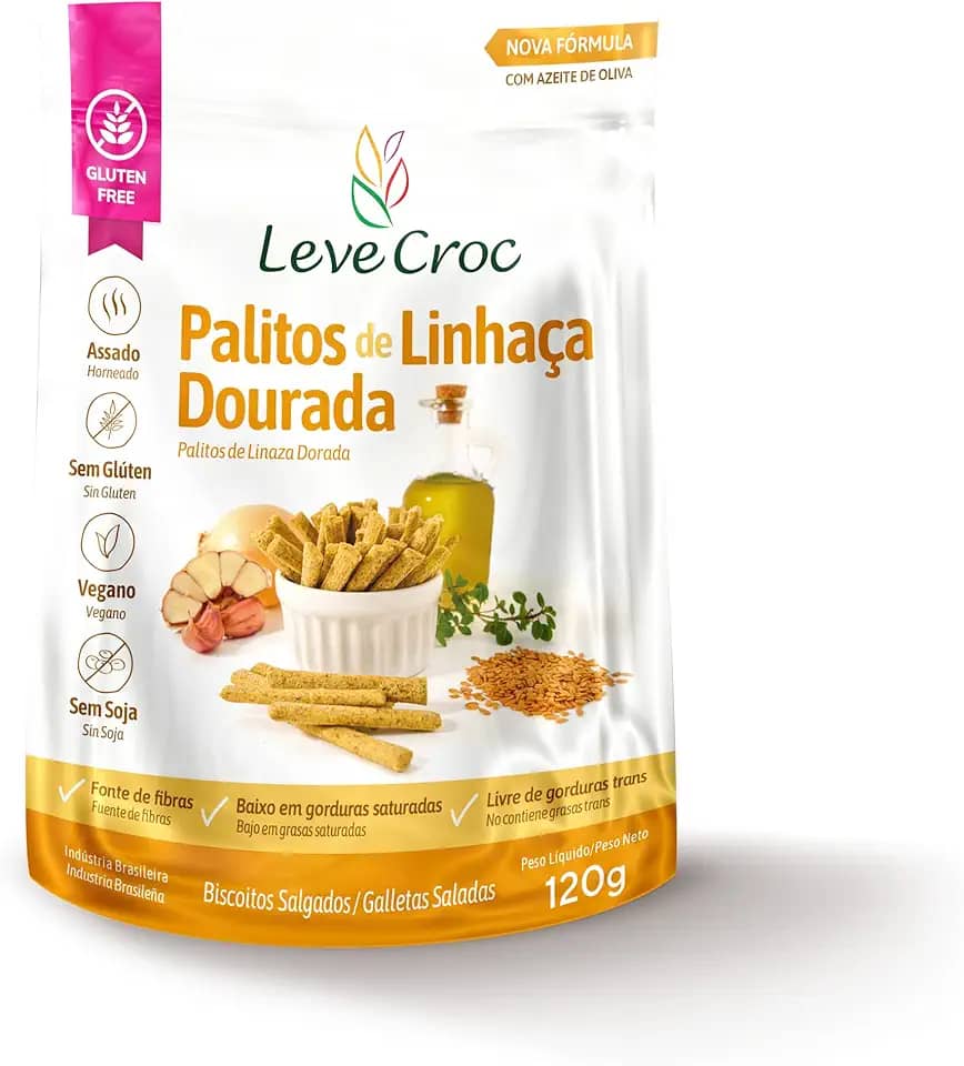 Biscoitos salgados sem glúten Leve Croc Palitos de Linhaça Dourada 120g