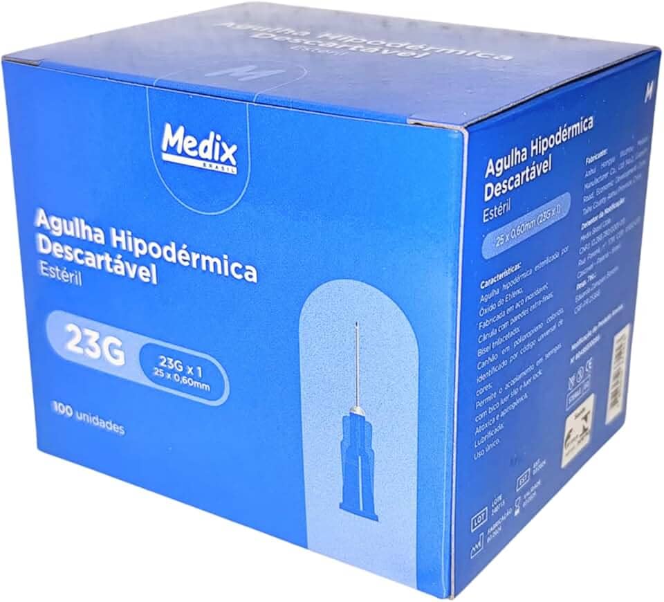 Agulha Hipodérmica Descartável 25 x 0,60mm (23g x 1) - Caixa com 100 Unidades
