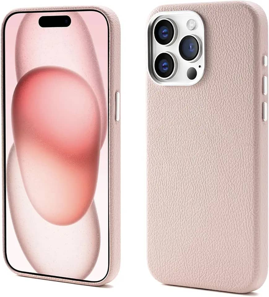 Capa de couro para iPhone, Compatível com MagSafe e carregamento sem fio, À prova d'água de choque e de sujeira, Botões de metal e moldura da câmera, Capa para iPhone (cor-de-rosa, 16 Pro Max)