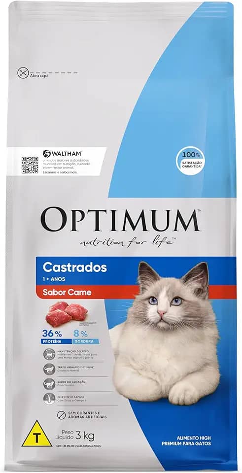 Ração Optimum para Gatos Adultos Castrados Sabor Carne 3kg