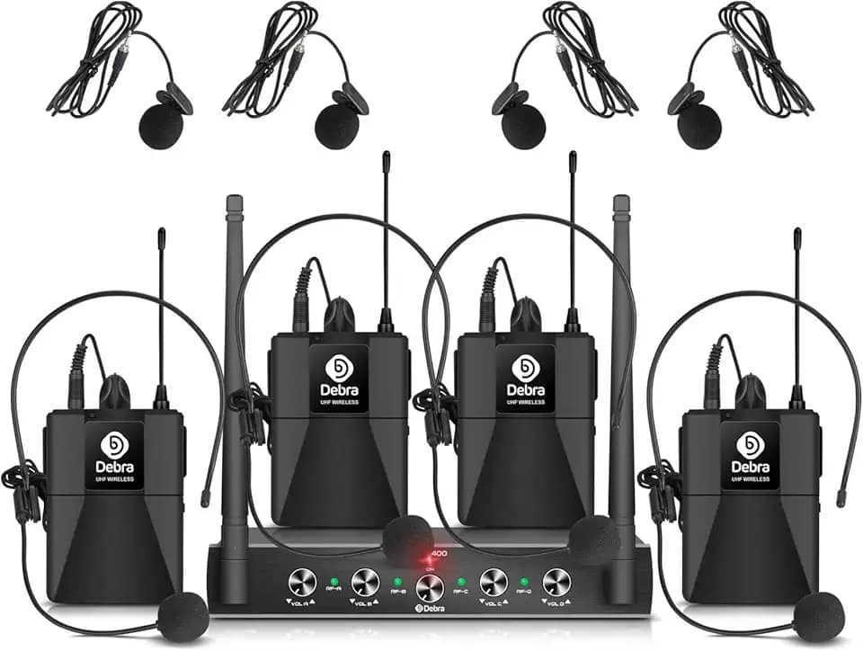 Sistema de microfone sem fio de 4 canais Debra Audio Pro UHF com microfone de lapela portátil sem fio, receptor de metal, ideal para festa de igreja de karaokê (com 4 bodypack (B))