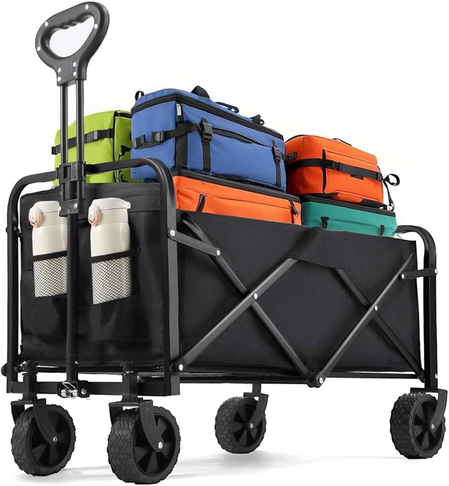 Vagão dobrável de 99,8 kg, carrinhos resistentes dobráveis, vagões portáteis para mantimentos, carrinho de praia com rodas todo-o-terreno e suportes para bebidas, vagão utilitário para compras