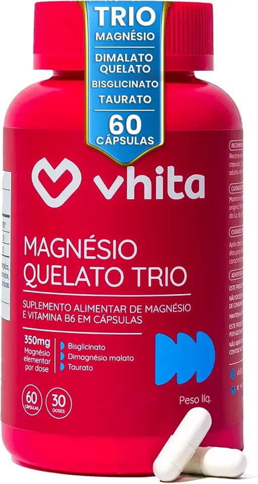 Magnésio Quelato Trio, Dimalato, Bisglicinato e Taurato com Vitamina B6 350mg Vhita 60 Cápsulas