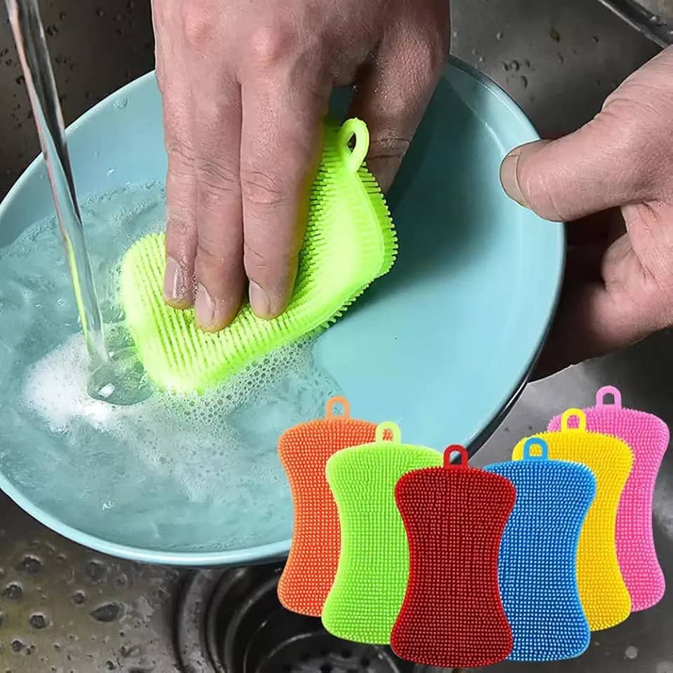 Pacote com 3 esponjas de silicone para lavar louças, escova de borracha de silicone dupla face para cozinha
