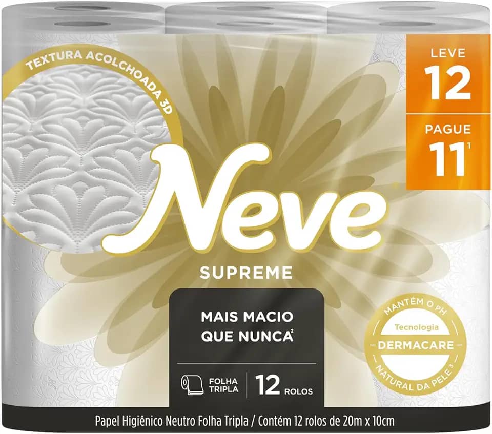 Neve Papel Higiênico Supreme Folha Tripla, 20m, Leve 12 Pague 11 Rolos
