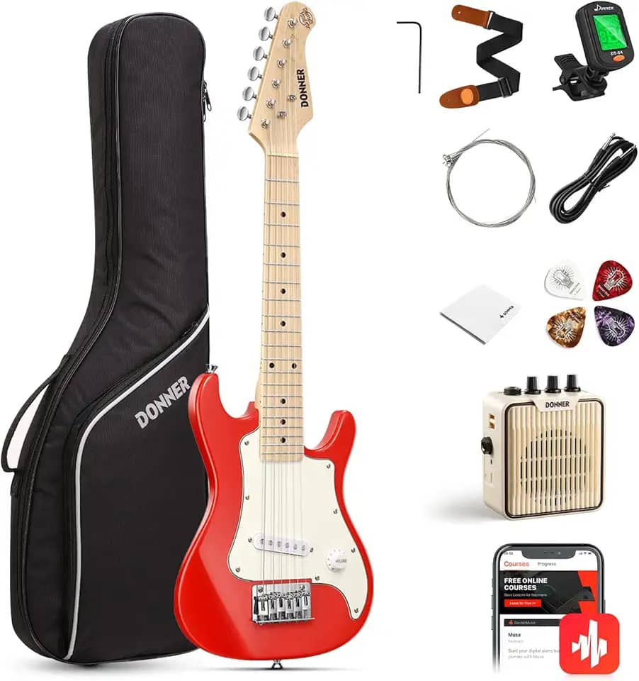 Donner Kit de iniciantes para guitarra elétrica de 30 polegadas estilo ST mini tamanho ST guitarra elétrica júnior pacote vermelho com amplificador, bolsa 600D, sintonizador, palhetas, cabo, alça, cordas extras DST-100
