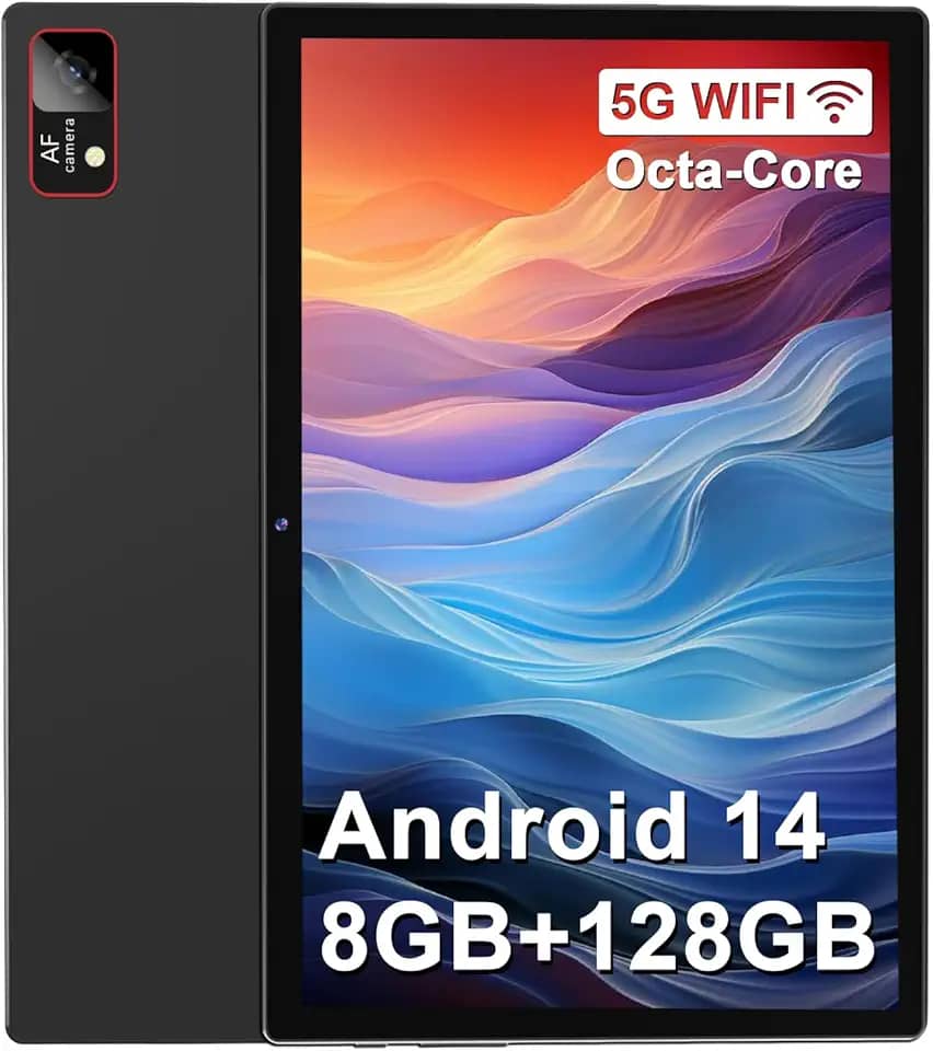 Tablet Android 14 mais recente 2025 - tela de 10,1 polegadas, 128 GB + 8 GB de RAM, processador Octa-Core, WiFi 5G, bateria de 7000 mAh, tela HD, Bluetooth/GPS/câmera de 13 MP