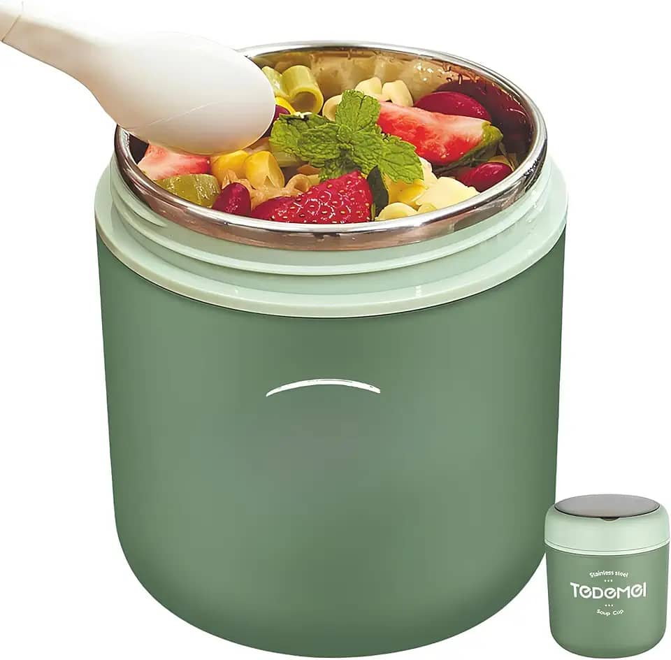 Pote Térmico 530ml Aço Inox Premium com Colher para Marmita e Alimentos, Conserva Sopa, Frutas e Comida Quente ou Fria por 12h, BPA Free - Verde ou Azul