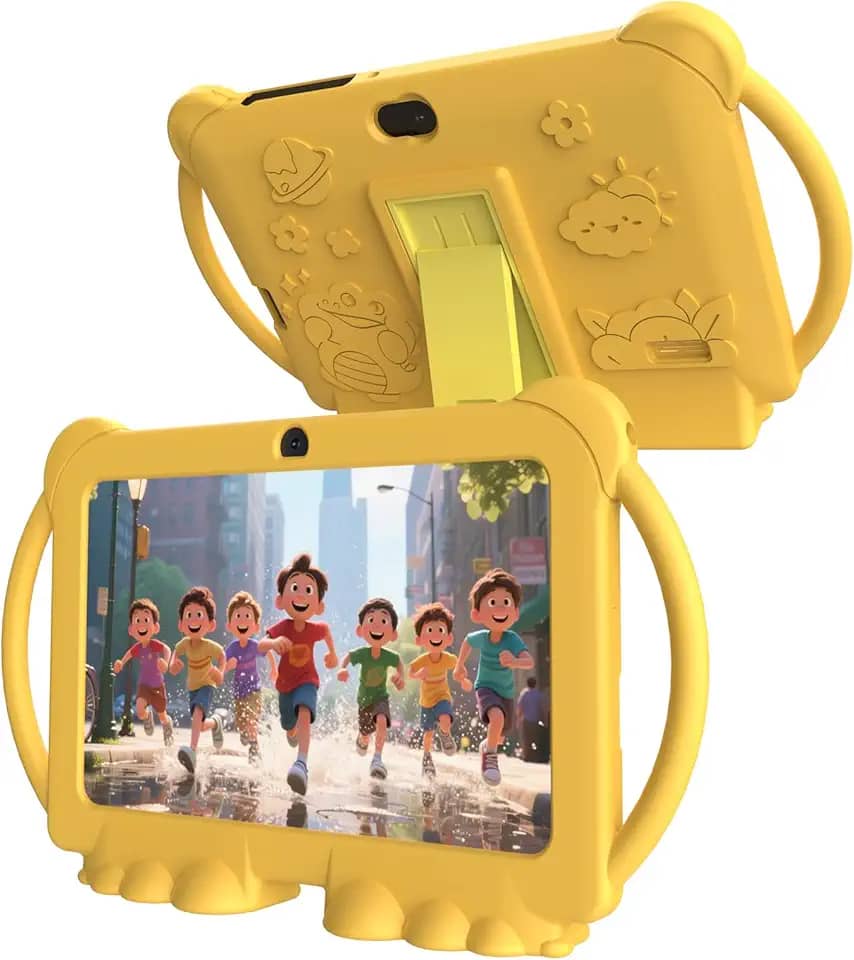Tablet infantil de 7 polegadas Android 12.0 para crianças, 4 GB de RAM, 32 GB, ROM, Bluetooth, tela IPS, controle parental, câmera dupla, à prova de choque, para jogos educativos (amarelo)