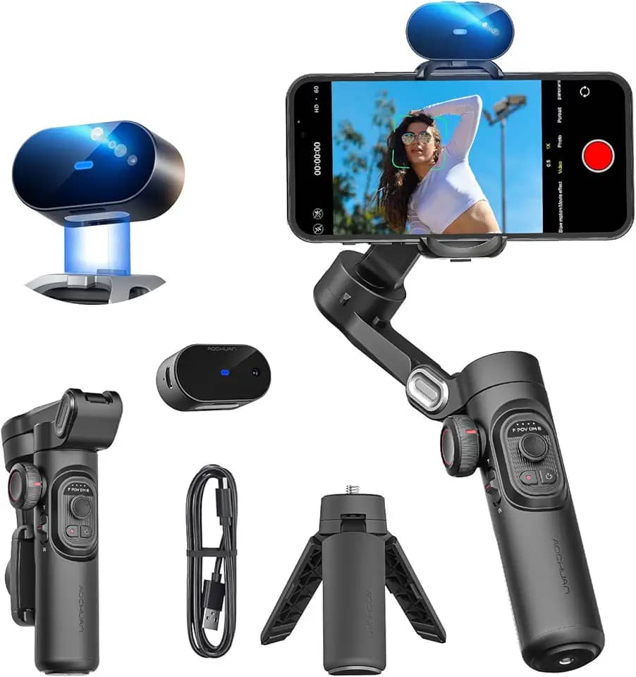 Estabilizador gimbal para smartphone AOCHUAN XE Versão IA, rastreamento por IA sem app, controle gestual, rotação 360°, 3 eixos, tripé, portátil, dobrável, para iPhone/Android, TikTok/YouTube (preto)