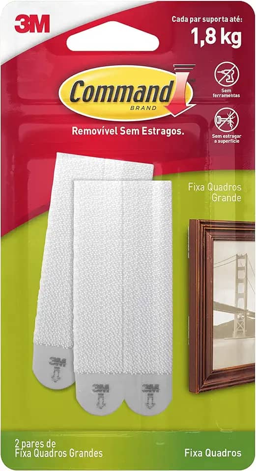 Command, 3M, Fixa Quadros, Adesivo Removível sem Estragos, Branco, Grande, 2 Pares
