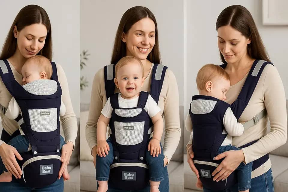 Canguru ergonômico ajustável 3 em 1 para bebê com assento acolchoado respirável suporte lombar alças largas bolsos laterais uso recém-nascido até 36 meses