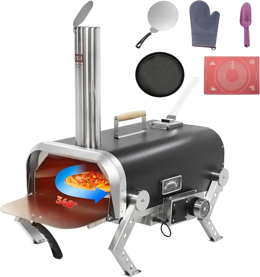 Forno de pizza ao ar livre de aço inoxidável, fogão a lenha com pedra de pizza rotativa automática de 30 cm, churrasqueira portátil para festas de quintal, acampamento e piqueniques (preto)