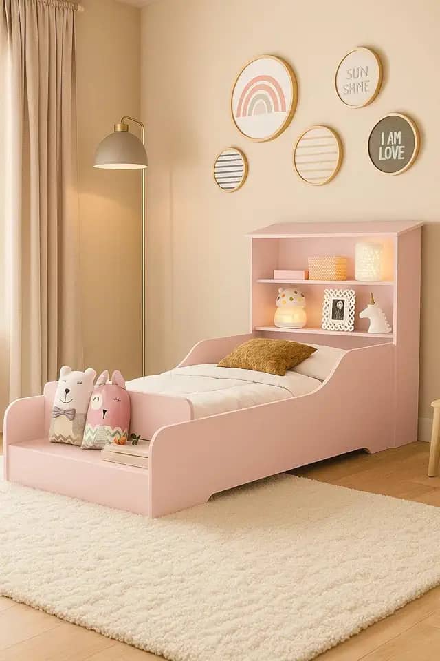 Mini Cama Liz Infantil Casinha Com Prateleiras E Proteção Lateral (Rose)