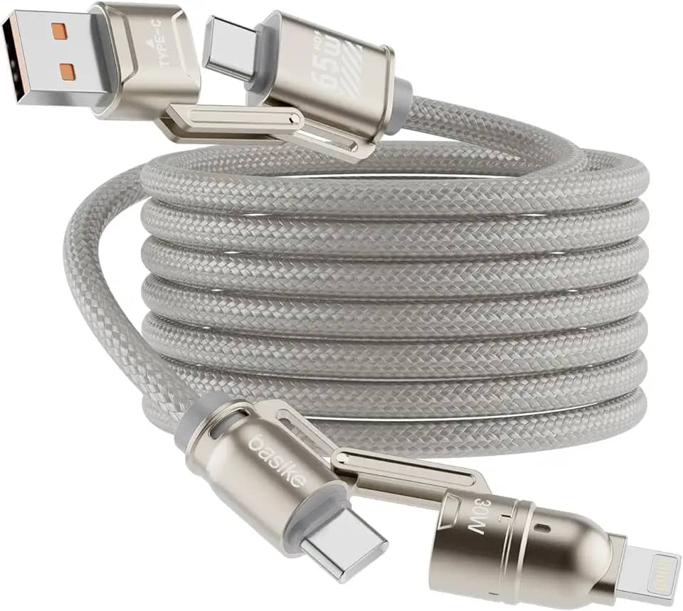 Basike Cabo USB-C 4 em 1, Tipo C Turbo 65W Ultra Rapido Reforçado com Conectores Lightning/Tipo-C/USB-A, Compatível com iPhone, Android, iPad, Tablet e Notebook, 1.2 Metro (Prata, Estilo Tegular)