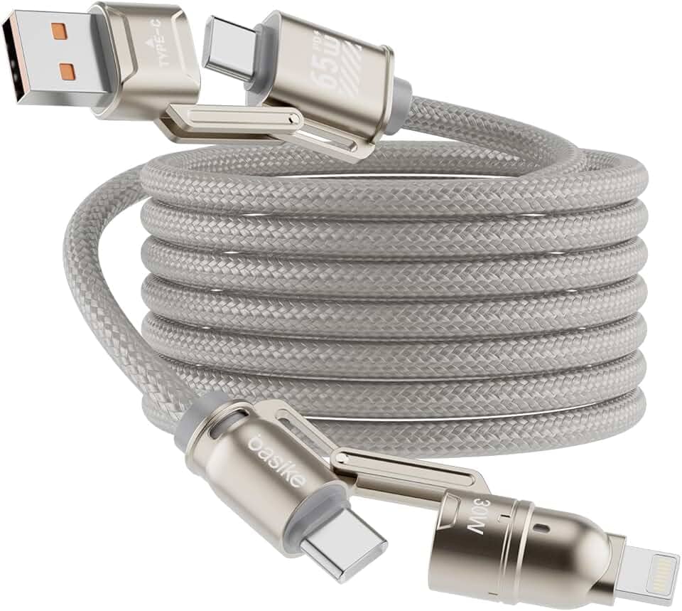 Basike Cabo USB-C 4 em 1, Tipo C Turbo 65W Ultra Rapido Reforçado com Conectores Lightning/Tipo-C/USB-A, Compatível com iPhone, Android, iPad, Tablet e Notebook, 1.2 Metro (Prata, Estilo Tegular)