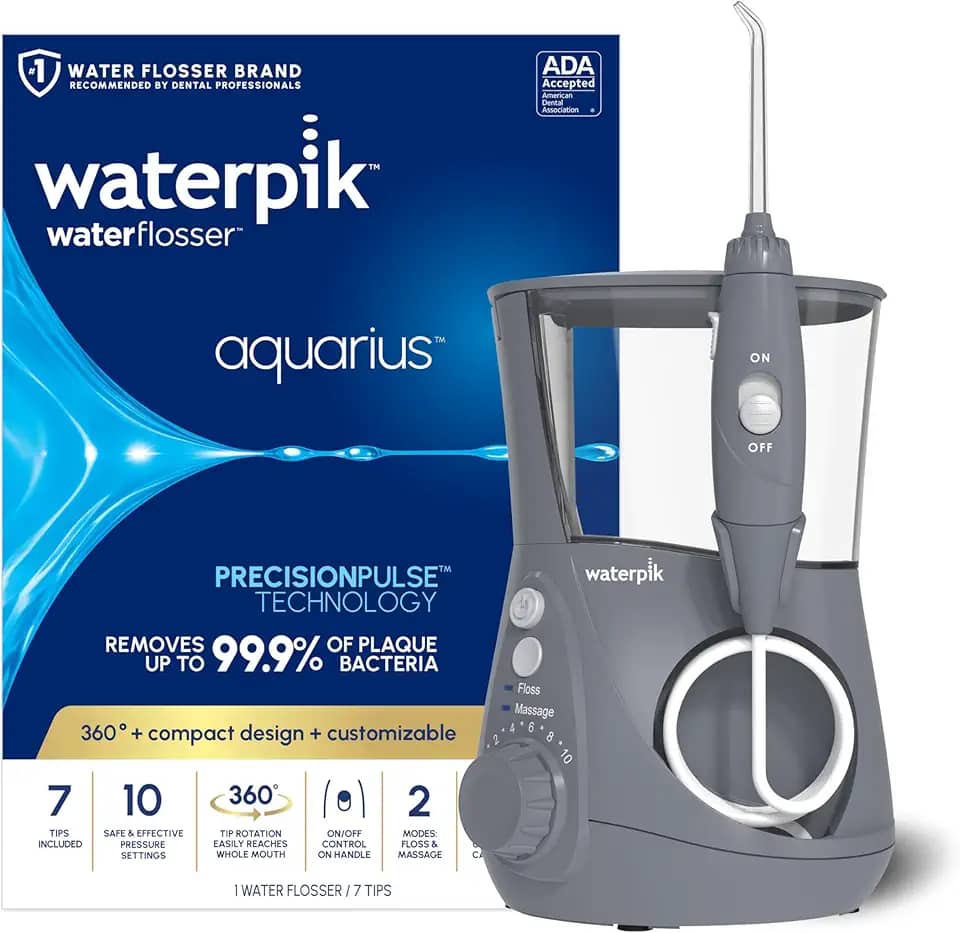 Waterpik Aquarius irrigador bucal para limpeza de dentes, gengivas, aparelhos dentários, energia elétrica com 10 configurações, 7 dicas para vários usuários e necessidades, aceito pela ADA, cinza WP