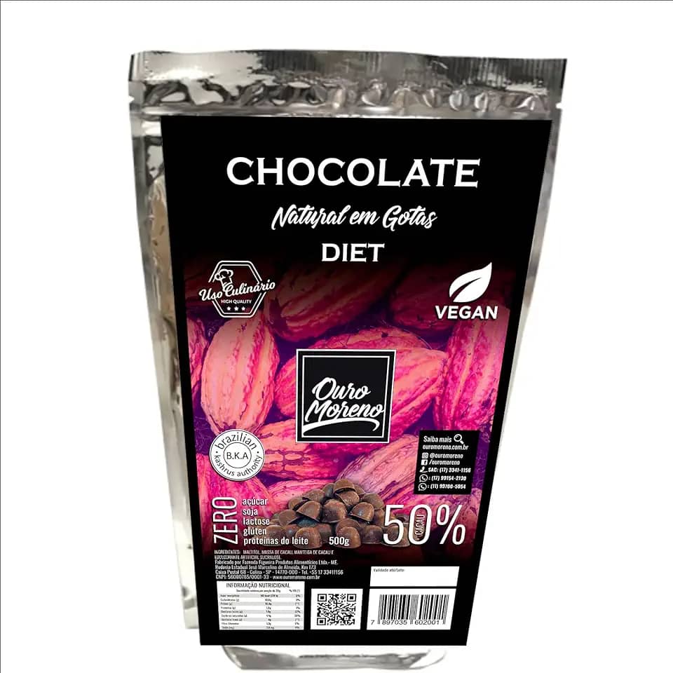 Gotas de chocolate diet 50% cacau com maltitol Ouro Moreno - pacote de 500g